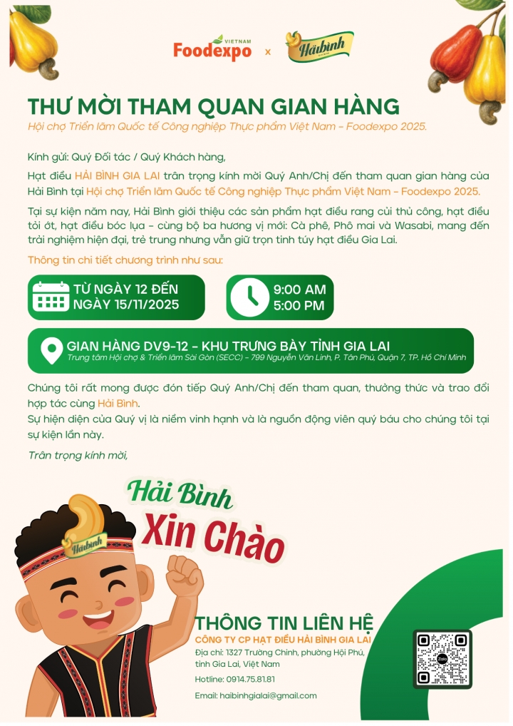 Thư mời tham gia gian hàng Foodexpo 2025 – Hạt điều Hải Bình